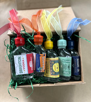 Box set of five hanging gin decorations with Brighton Vodka mini