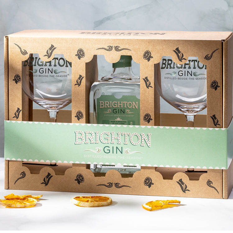 Brighton Gin Gift Sets include two gin glasses