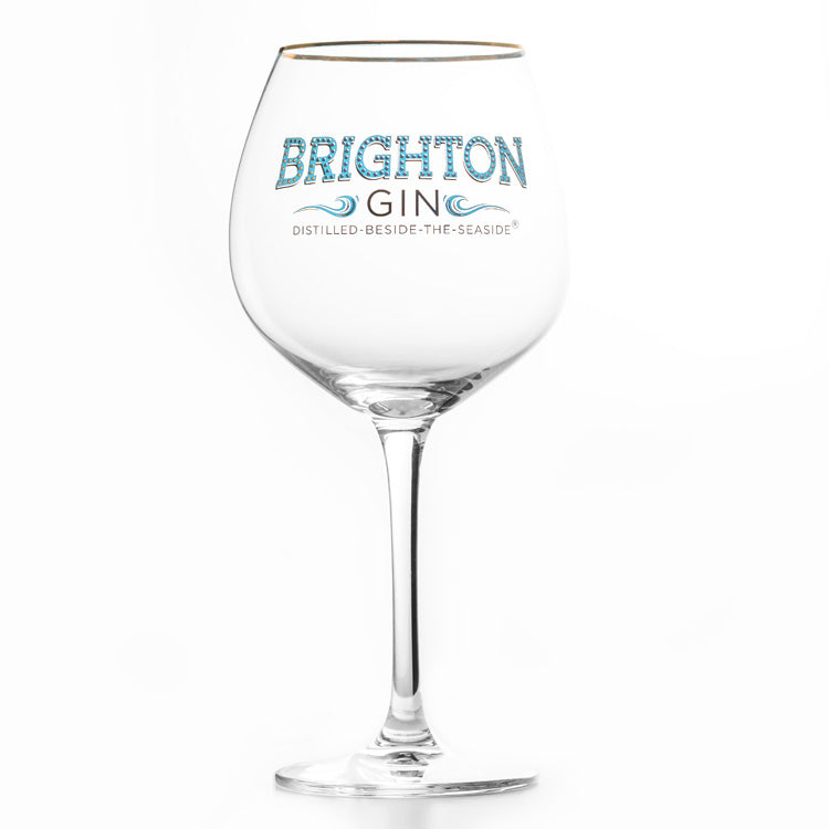 Brighton Gin branded copa glass with gold rim