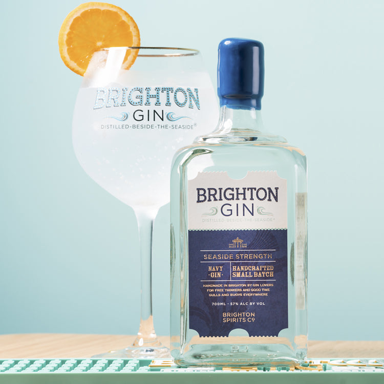 Copa gin glass with Brighton Gin Seaside Strength navy gin