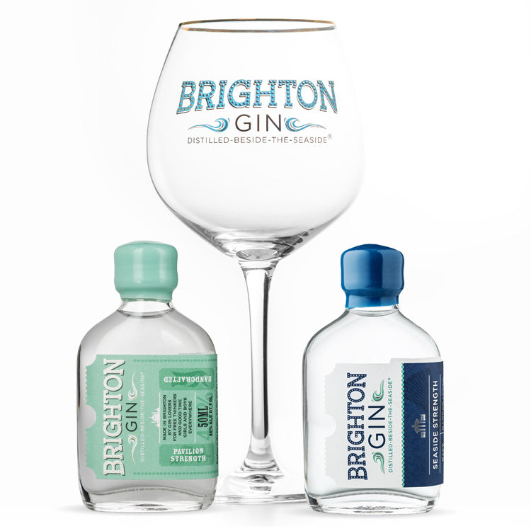 Single Brighton Gin branded copa gin glass with 2 x 50ml bottles of Brighton Gin