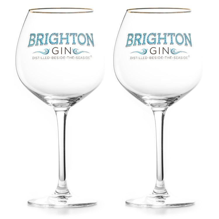 Two Brighton Gin branded copa gin glasses